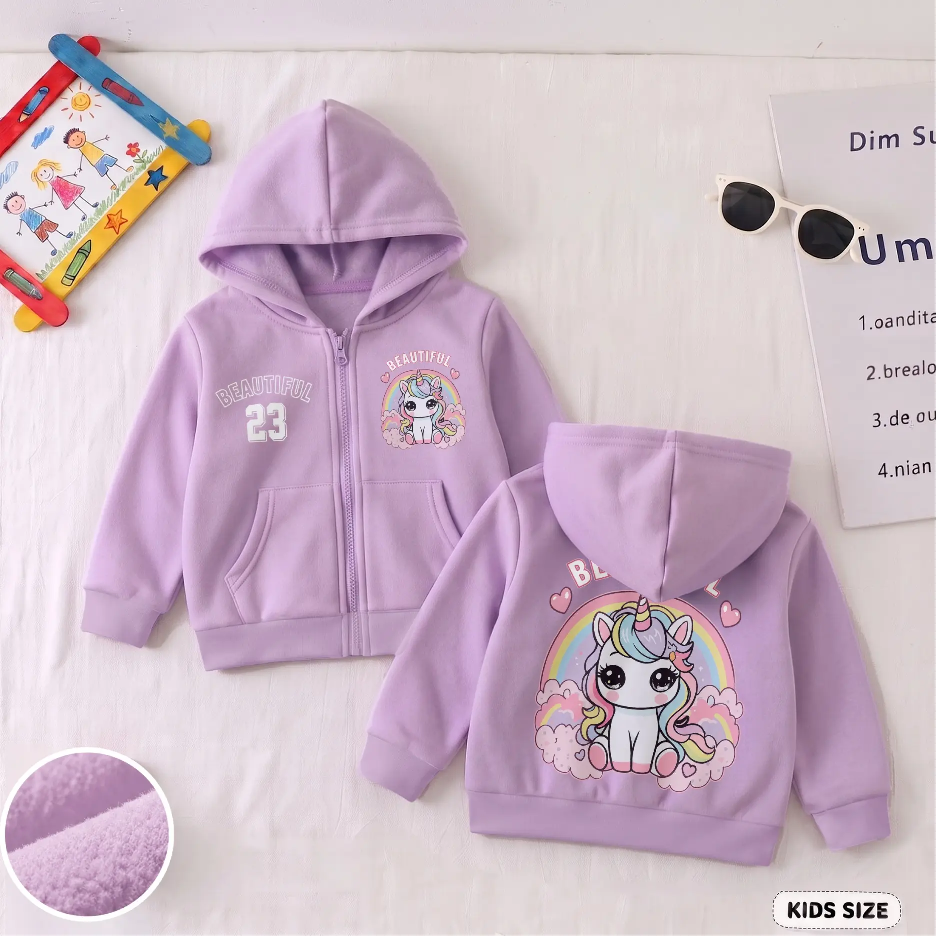 Girls’ Rainbow Unicorn Graphic Zip-Up Hooded Jacket, Trendy Front Chest Print and Statement Back Design Long Sleeve Hoodie for Travel, School, Parties and Everyday Wear
