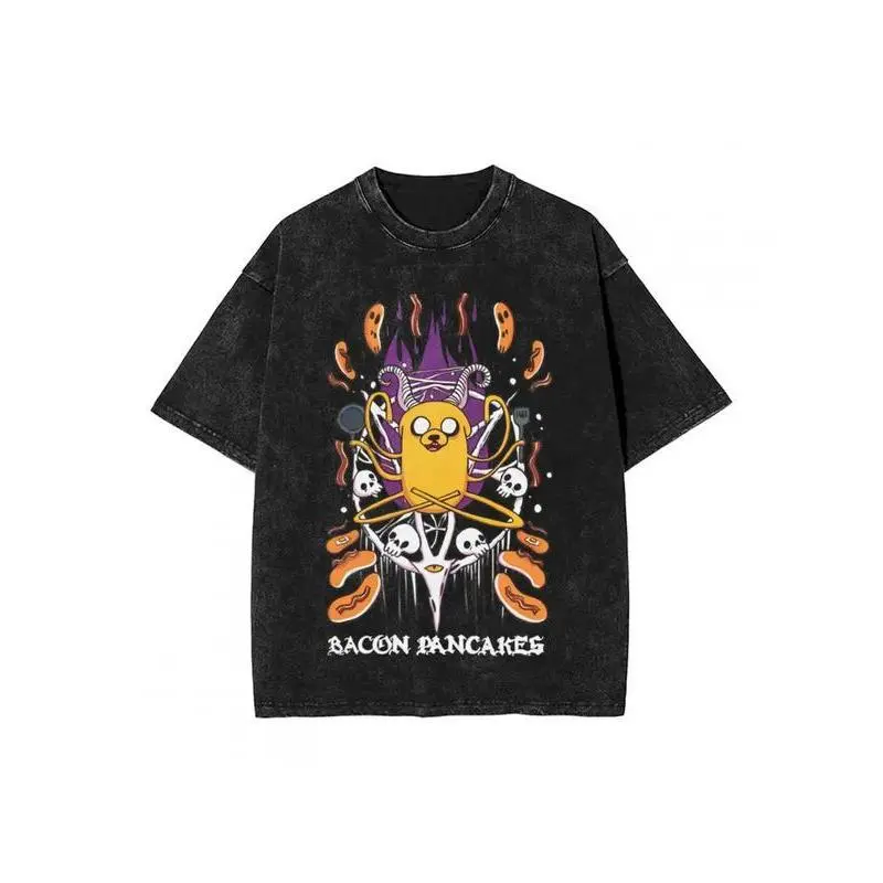 Unisex Cotton Adventure Time Bacon Pancakes Graphic T-Shirt - Oversized Retro Round Neck Short-Sleeve Top, Vintage Washed Black Distressed, Casual All-Seasons Streetwear, Guys' Gifts, Playful Sports Tops