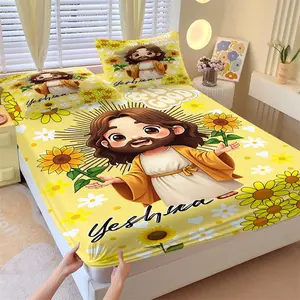 Cartoon Jesus Christian Theme Fitted Sheet Set-1 Bed Sheet & 2 Coreless Pillowcases-Soft Comfortable Fabric Anti-Slip Deep Pocket Mattress Protector-Faith in Daily Life Bedroom Decor Gift for Religious Culture Enthusiast