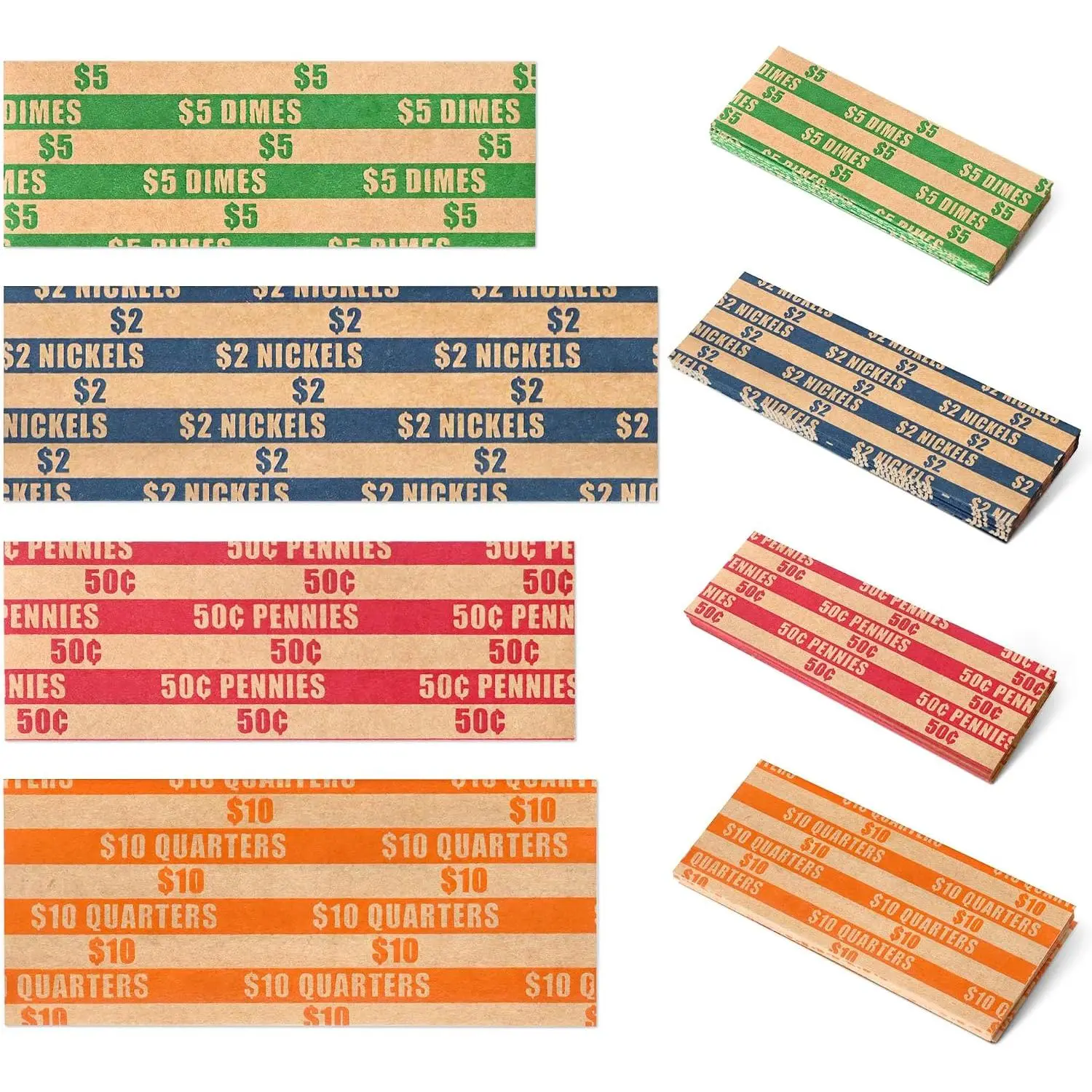 100 Pcs Assorted Packed Flat Stripped Coin Wrappers |   Coin Rolls Wrapper for Quarters, Dimes, Nickels, Pennies