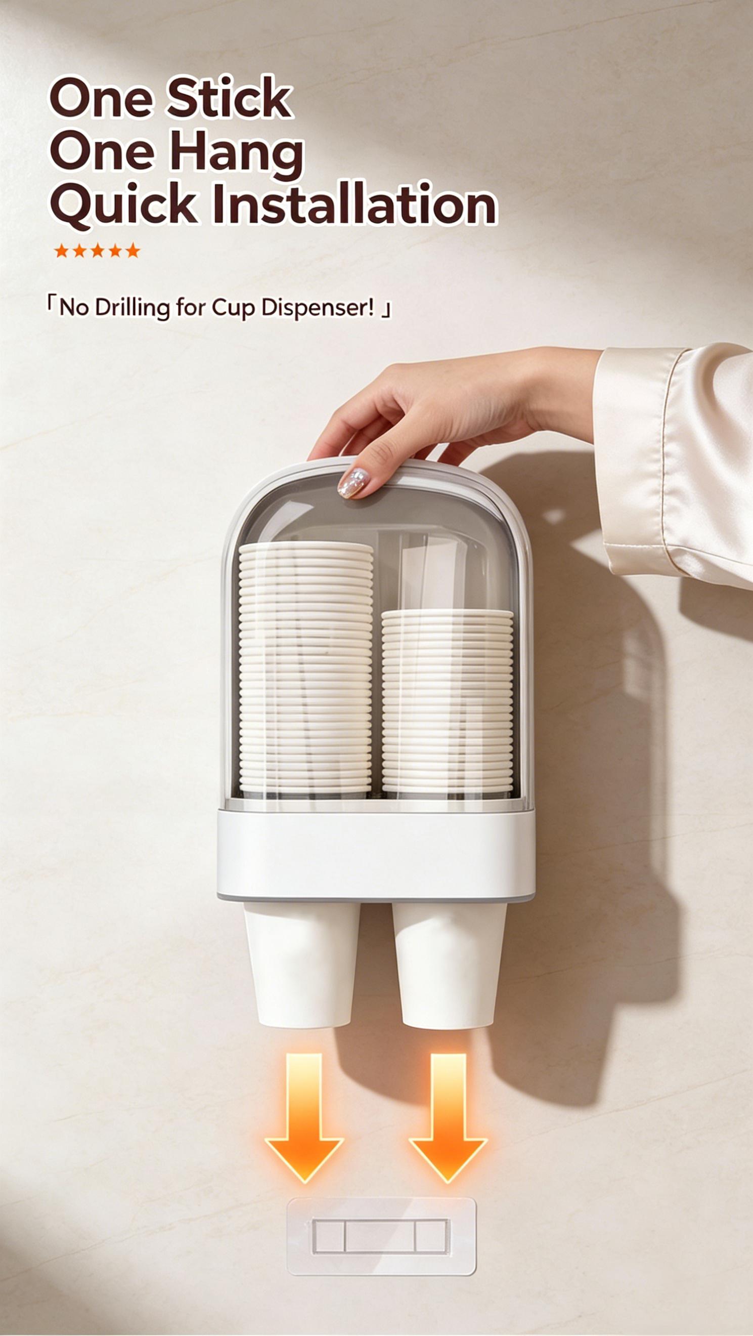 One-touch cup dispenser, automatic water dispenser, no-drill paper cup holder, dustproof kitchen storage rack, wall-mounted cup holder