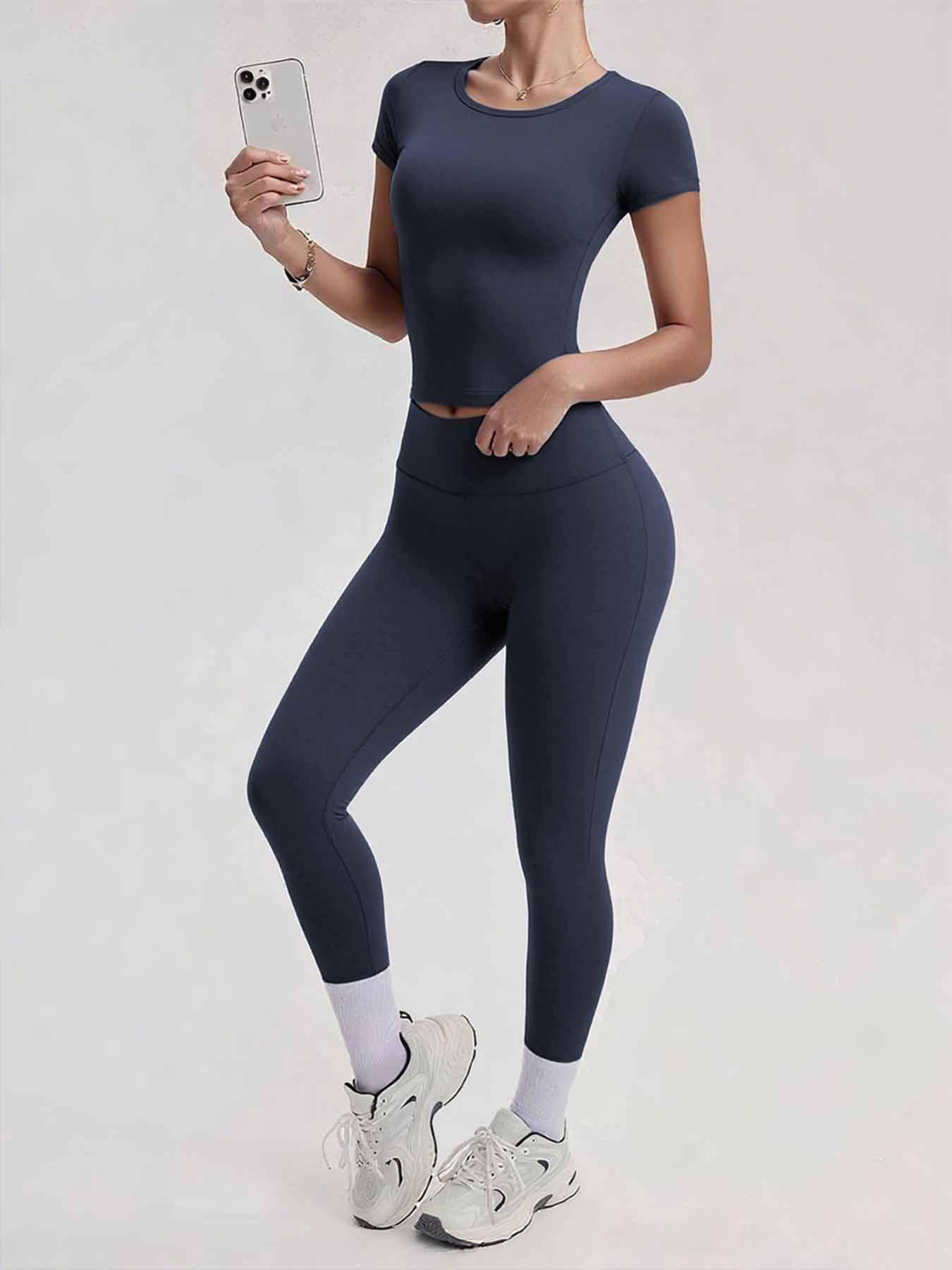 Athleisure wear set, 2-piece set - Solid color round-neck T-shirt short sleeves, Women's high-waisted lifting and tucking in tight-fitting sports pants, suitable for daily yoga and gym workouts