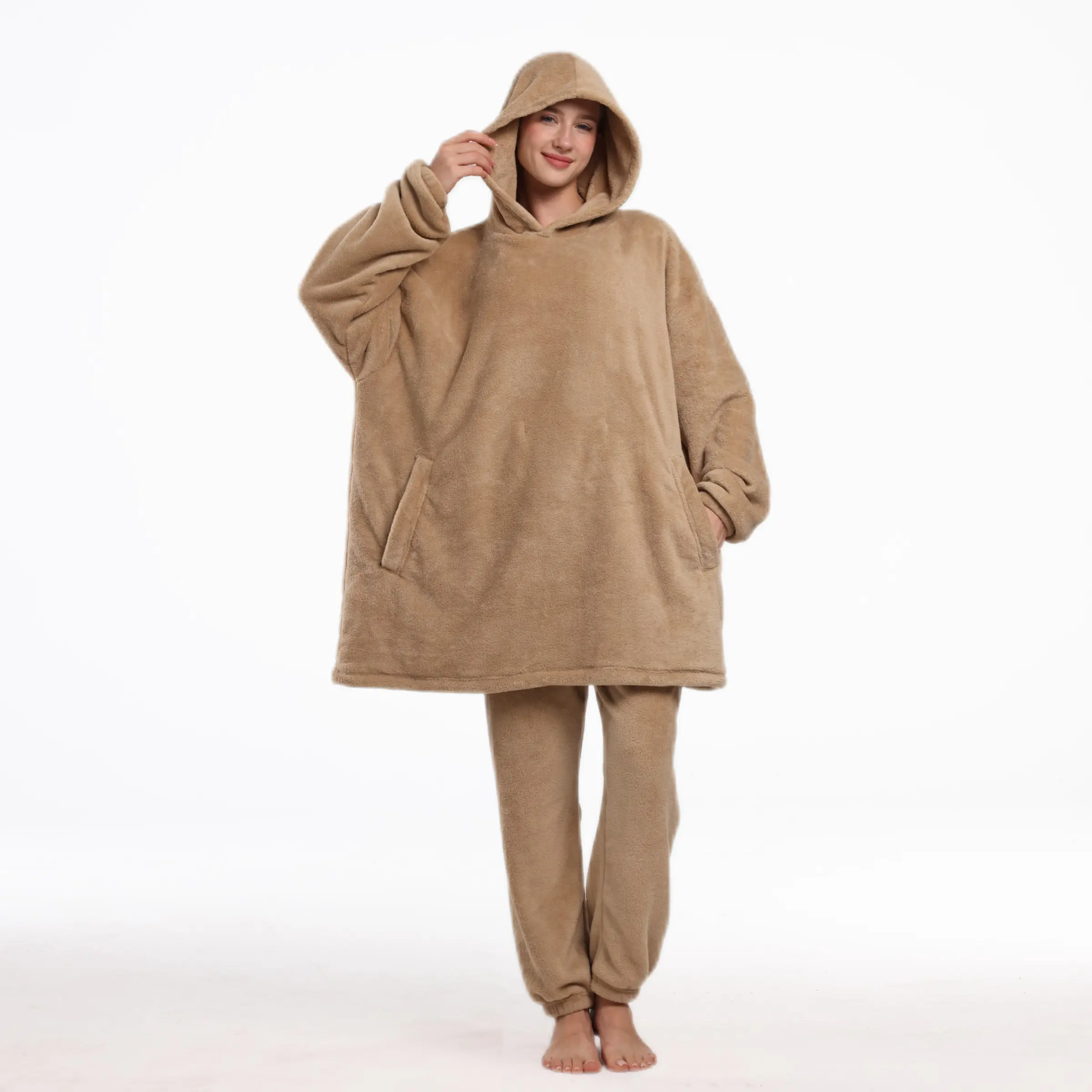 Coral Fleece Coffee Color Wearable Blanket Set, Loungewear with Hat and Pants, Unisex, Fall Winter, Warm and Soft