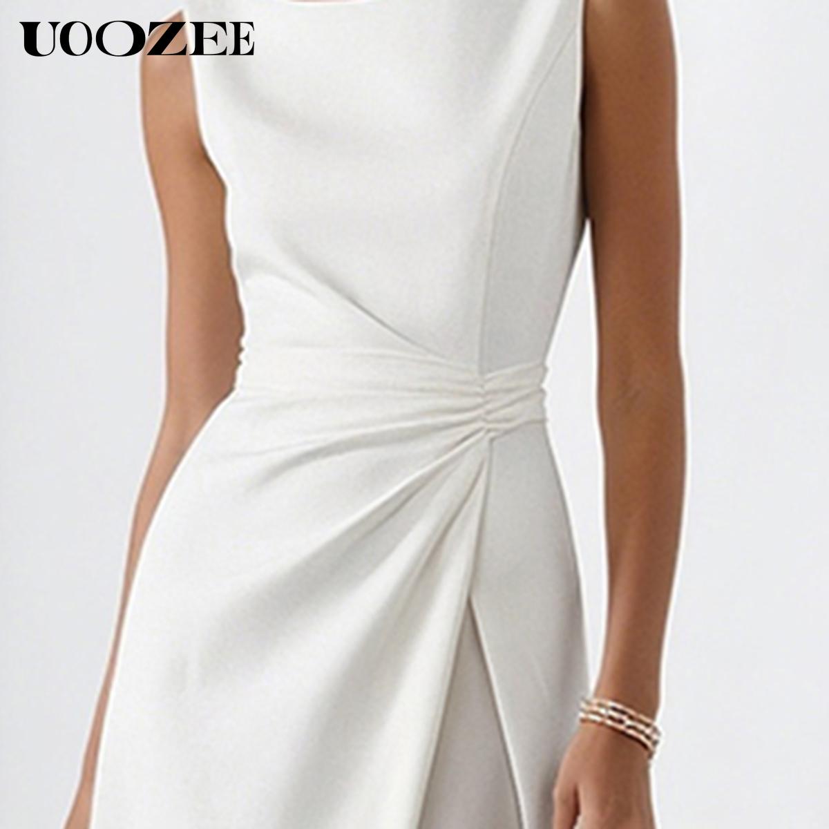 UOOZEE Women 2025 Summer/Spring Rayon Pleated Slightly Stretch & Sheer White A-Line Dress 2025 New Fashion Sleeveless Solid Color Split-Joint Round-Neck Elegant Evening Maxi Dresses - (Sizing Runs Small - Check Size Guide or Order Larger) Fit