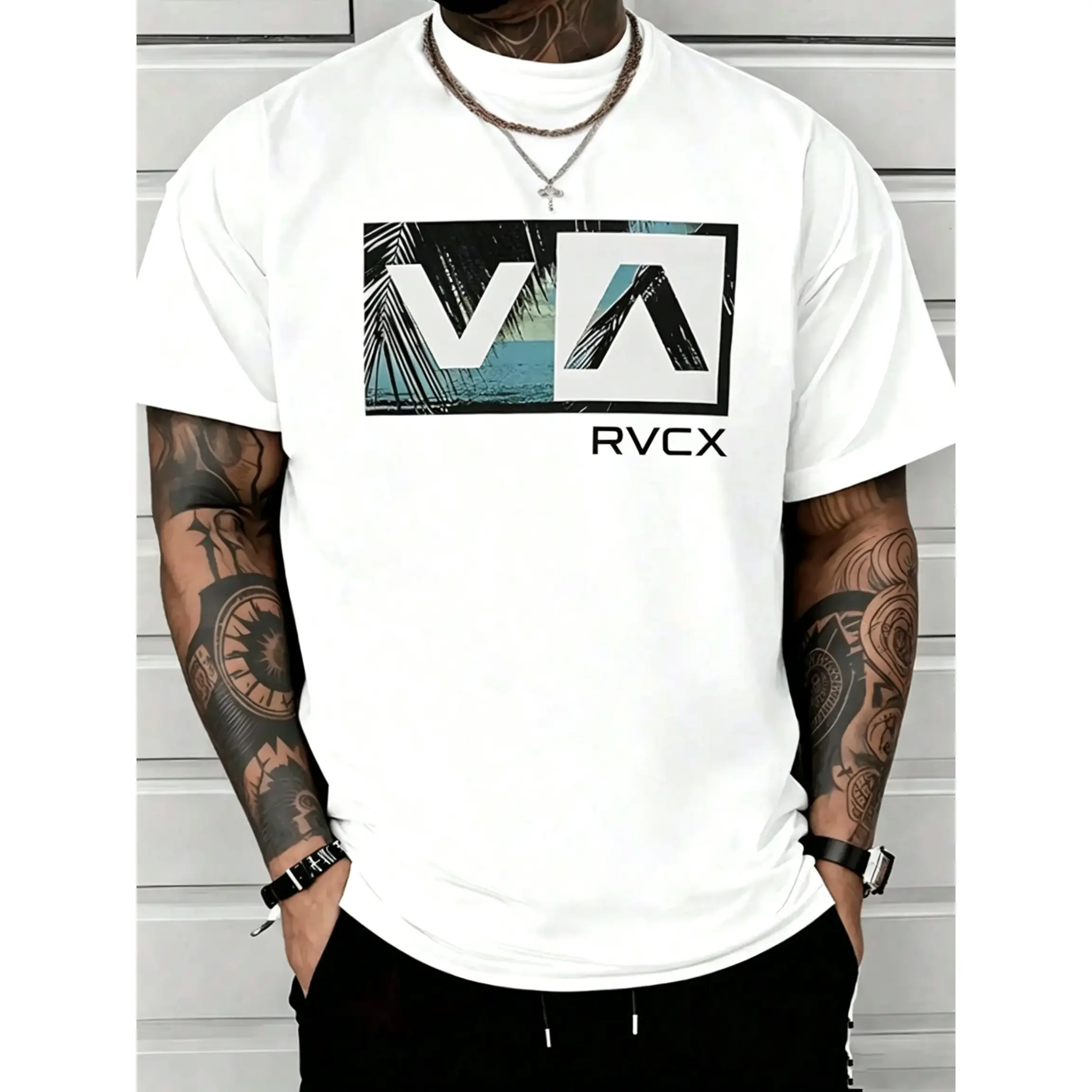 Men’s RVCA Palm Beach Ocean Logo Graphic Cotton T-Shirt - Casual Loose Short-Sleeve West Coast Surf Streetwear Sports Top