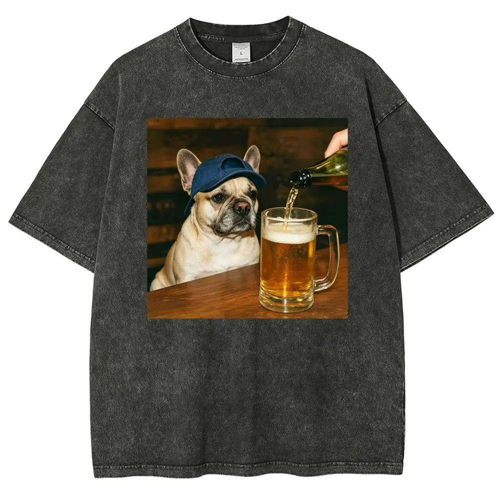 Men's Round Neck Short-Sleeve French Bulldog Beer-Washed Graphic T-Shirt - Funny Pub Dog Print, Casual Menswear Drinking Buddy Pet Top, Tshirt, Shortsleeve, Streetwear, Oversize, Fabric, Soft, Cotton, Unisex, Pre-Shrunken, Casual Tee