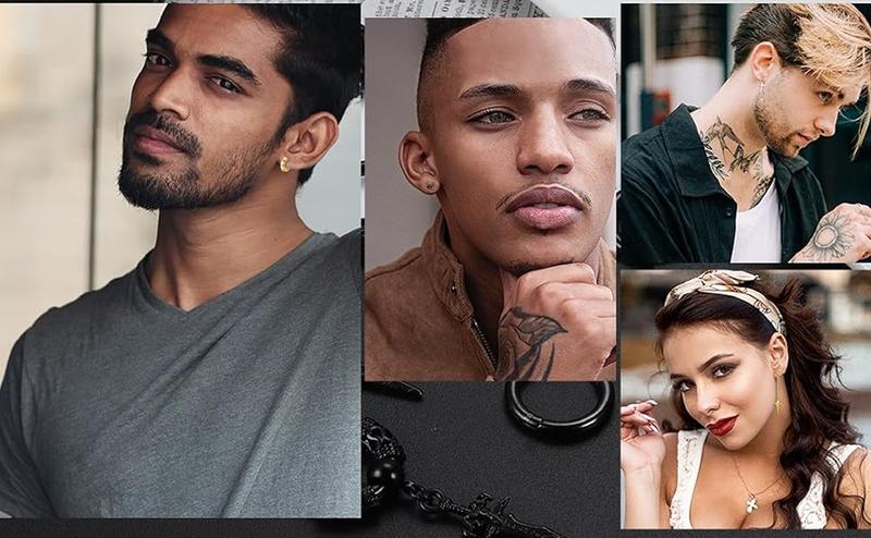 Sanfenly 22pcs Men's Dangling Earrings Stainless Steel with Hinges Hoop Earrings Long Chain Stud Cross Earrings Set Kpop Men's Earrings Black