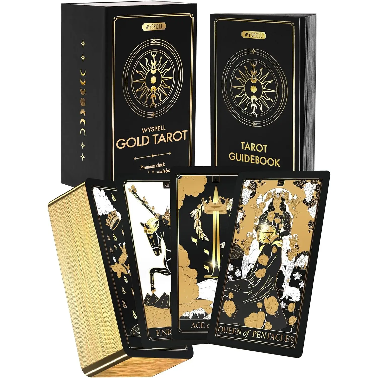 Wyspell Gold Tarot Cards with Guide Book - 78-Card Unique Tarot Deck for Beginners - Gilded Edges & Gold Foil Design - Classic Traditional Tarot Deck