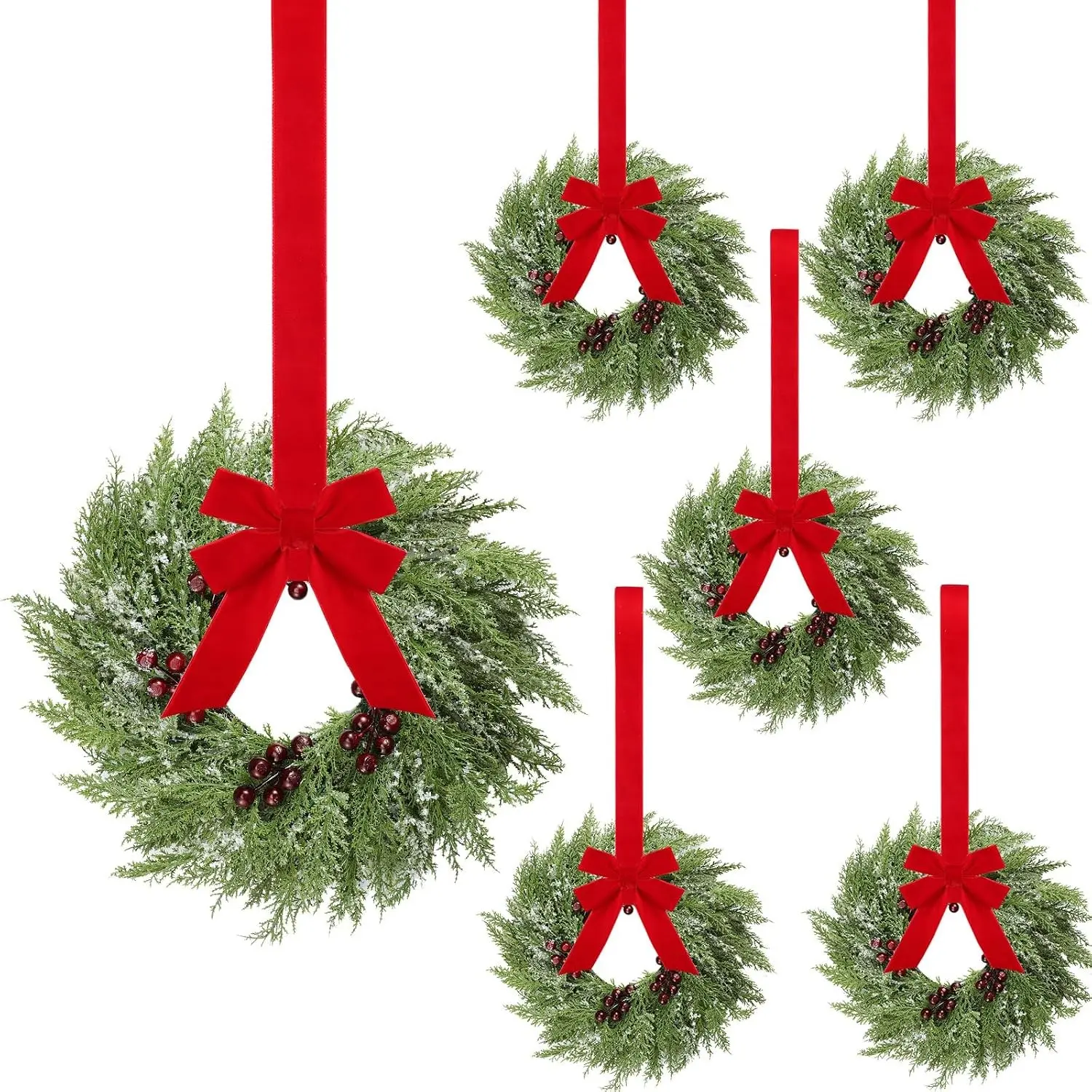 6 Pcs Small Christmas Norfolk Wreaths 15 Inch Christmas Kitchen Cabinet Mini Wreath with Bow Ribbon Cedar Berry for Xmas Front Door Window Chair Fireplace Table Pillar Farmhouse