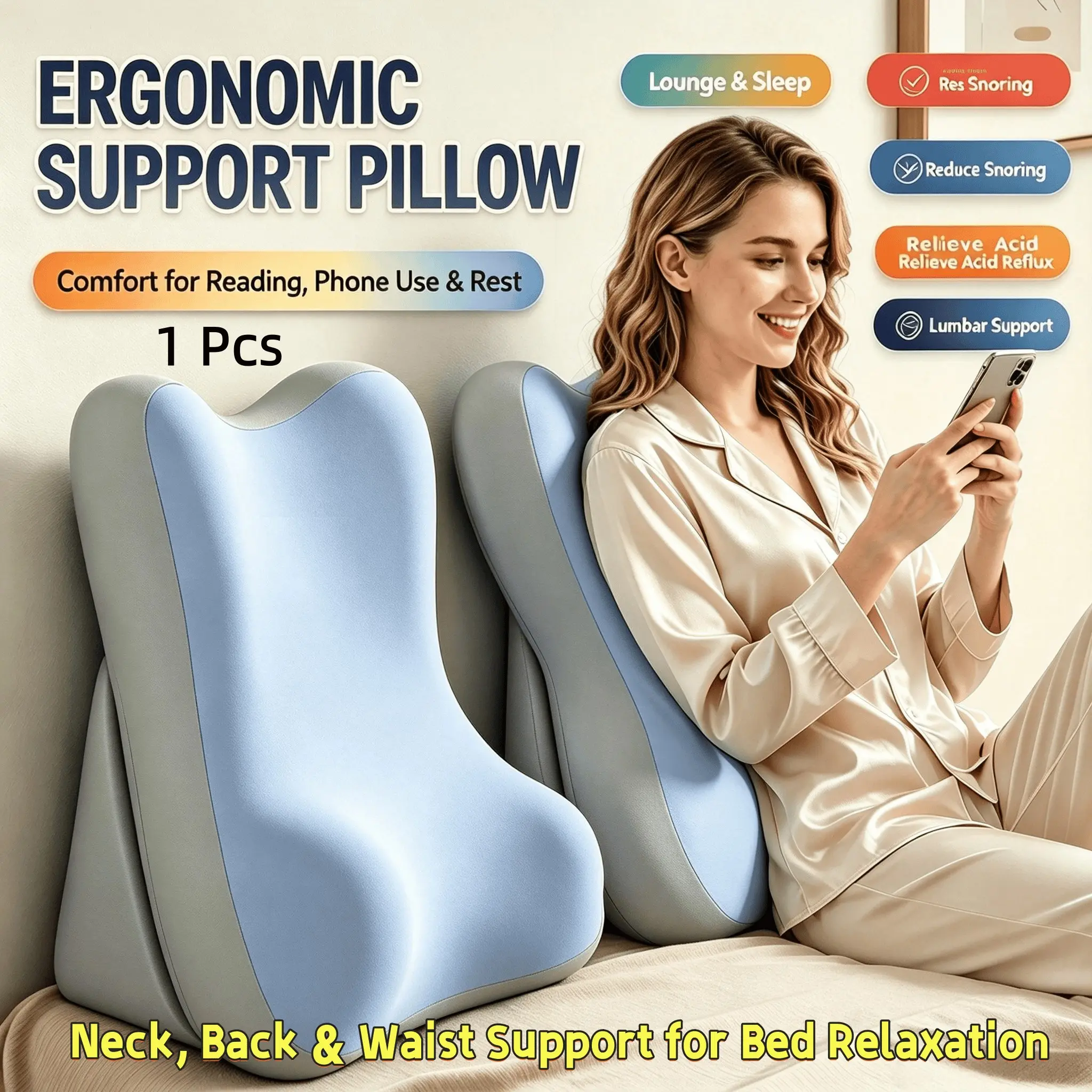 Ergonomic memory foam wedge-shaped pillow set - adjustable lumbar support pillow - anti-snoring - prevents acid reflux, multi-functional for reading, driving, sitting, lying down, and sleeping, two-piece design with anti-slip feature. 2027 New Arrival