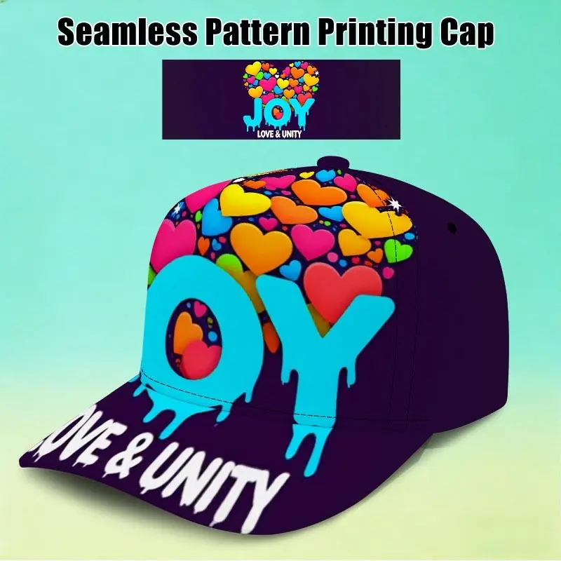 Colorful Heart All-Over Print Party Hat, Seamless Pattern with Continuous Uninterrupted Design that Flows Across Seams, Bold "JOY" & "LOVE & UNITY" Lettering, One Size Fits All in Mixed Colors, Ideal for Joyful Gatherings & Celebrations