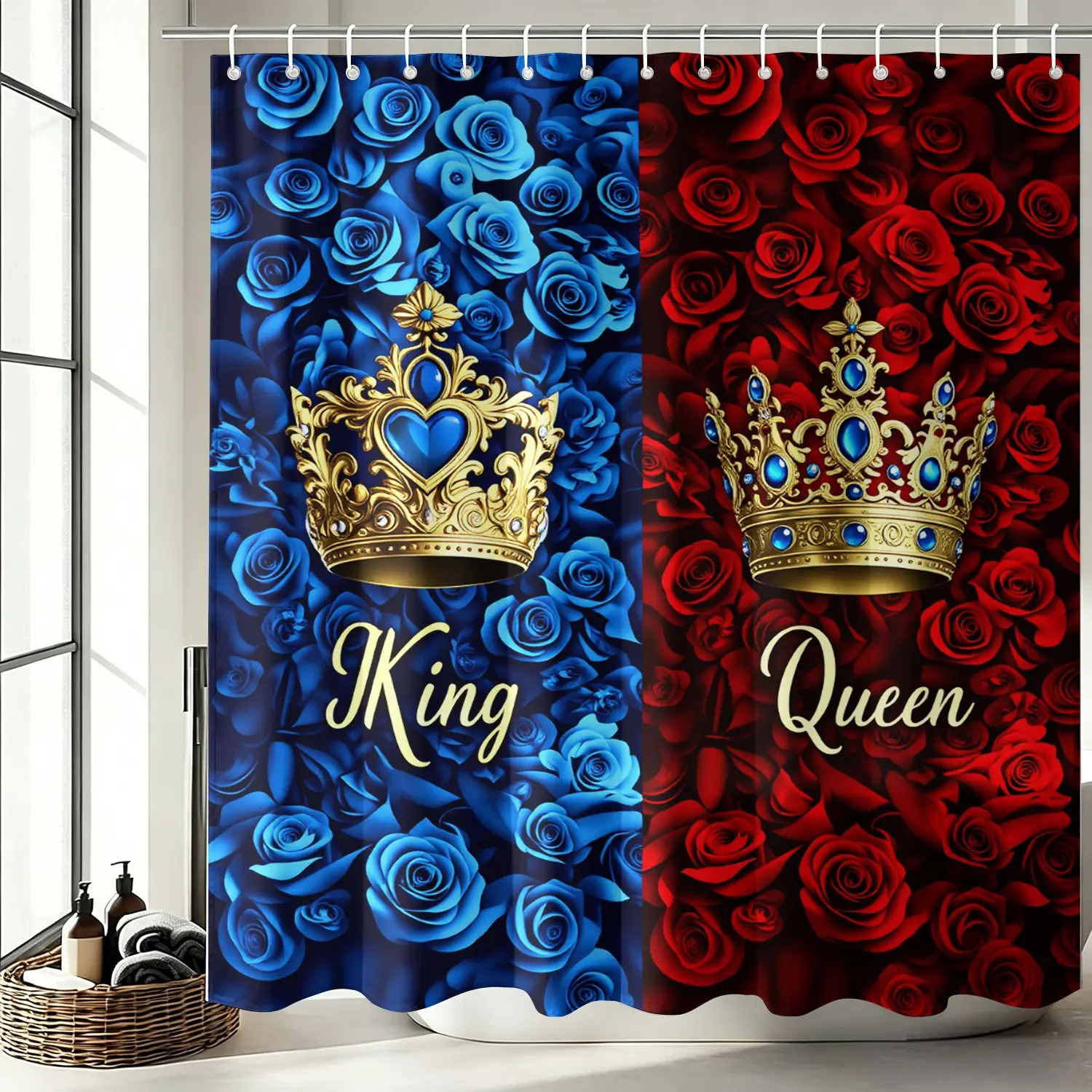 Blue and Red Rose Print Shower Curtains, are ideal for Bathroom Decoration, Space Partitioning, Adding a Touch of Elegance to the Bathroom (Shower Curtain Hooks included). Beautiful, Waterproof, Durable, Easy to Clean, and Machine Washable.