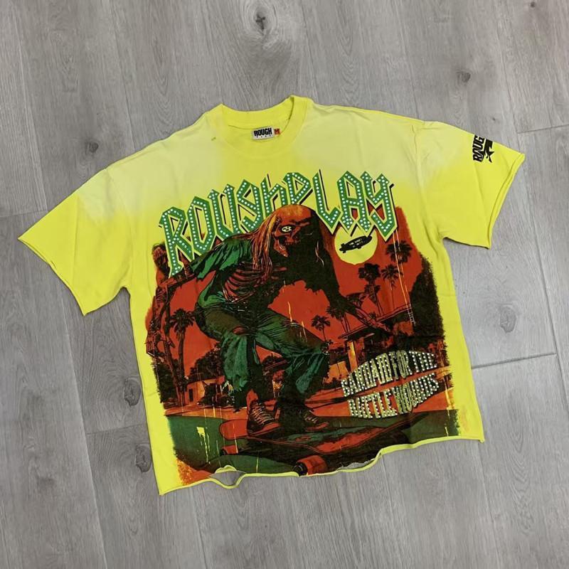 Vintage Washed Roughplay T-Shirt, Heavyweight White Ink Jesus Skull Print, Retro Rockabilly Bling Diamond Patchwork, American Hip Hop Unisex Streetwear Short Sleeve Cotton Tee