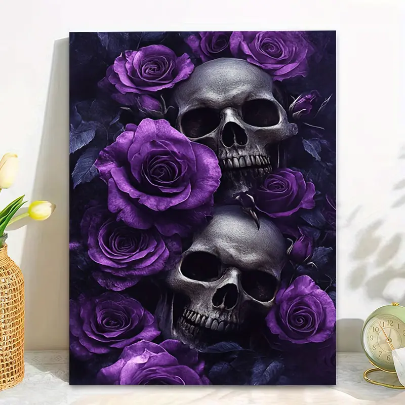 11.8* 17.7inch Wooden picture frame art, two realistic skulls surrounded by bright purple roses, dark background creates a mysterious and romantic atmosphere, suitable for gothic-style rooms, dark-themed studios, or unique bar decorations, ready to hang a