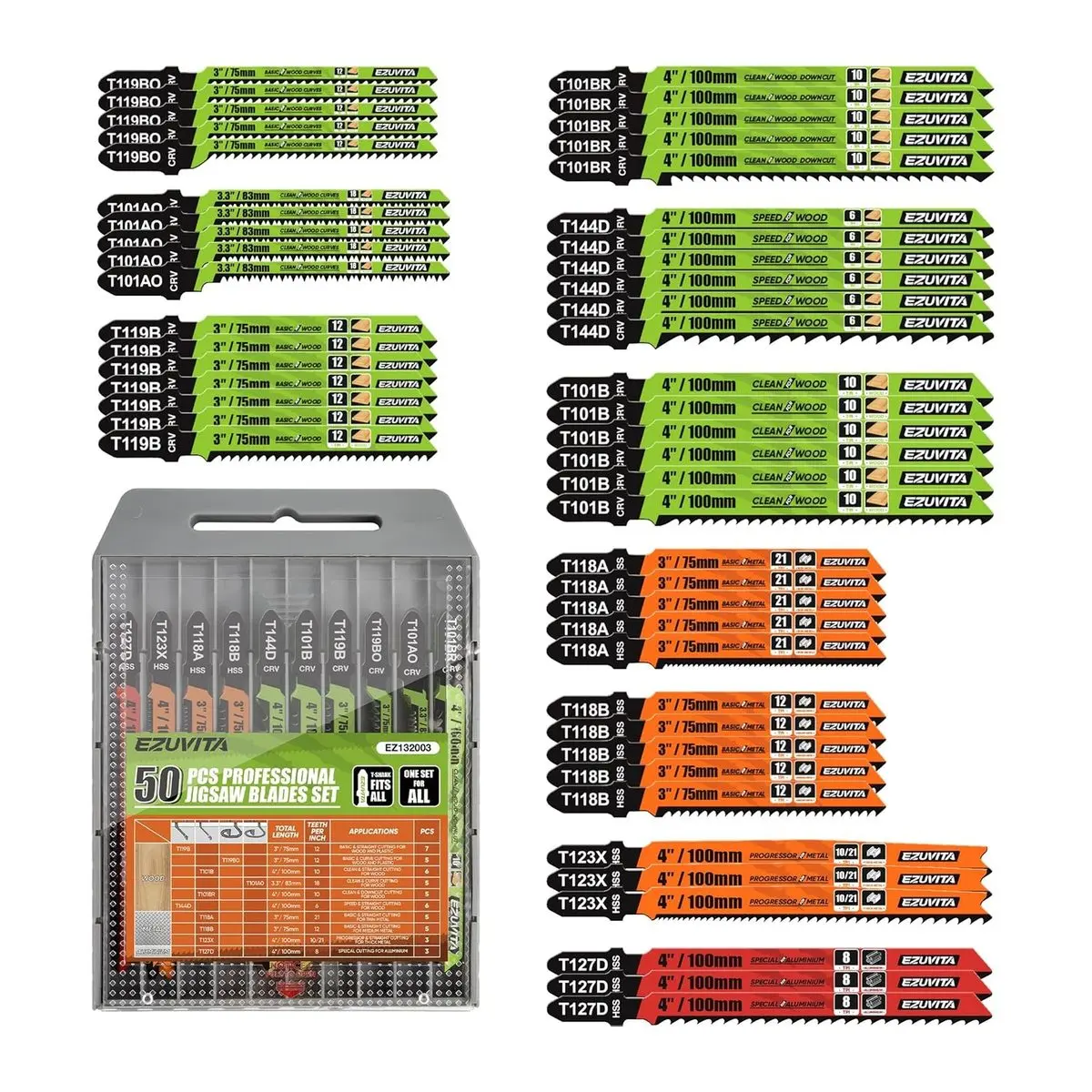 50-PIECE Jigsaw Blades Set with Storage Case, Cr-v and Hss Steel, Assorted T-shank Blades for Cutting Wood, Plastic, and Metal