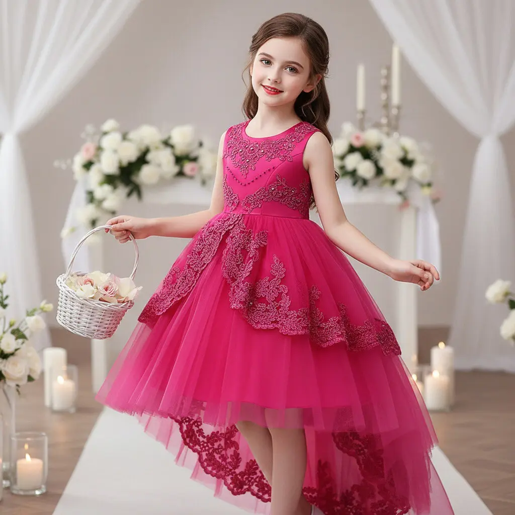Girls Elegant Pink Tulle Lace Dress Sleeveless Princess Dress for Wedding Birthday Occasion first  communion  dress,mothersdaygift