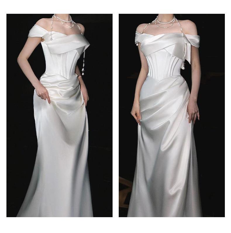 French Off-Shoulder Light Wedding Dress – Bridal Toast Gown, White Engagement Departure Dress, Elegant Banquet Evening Gown