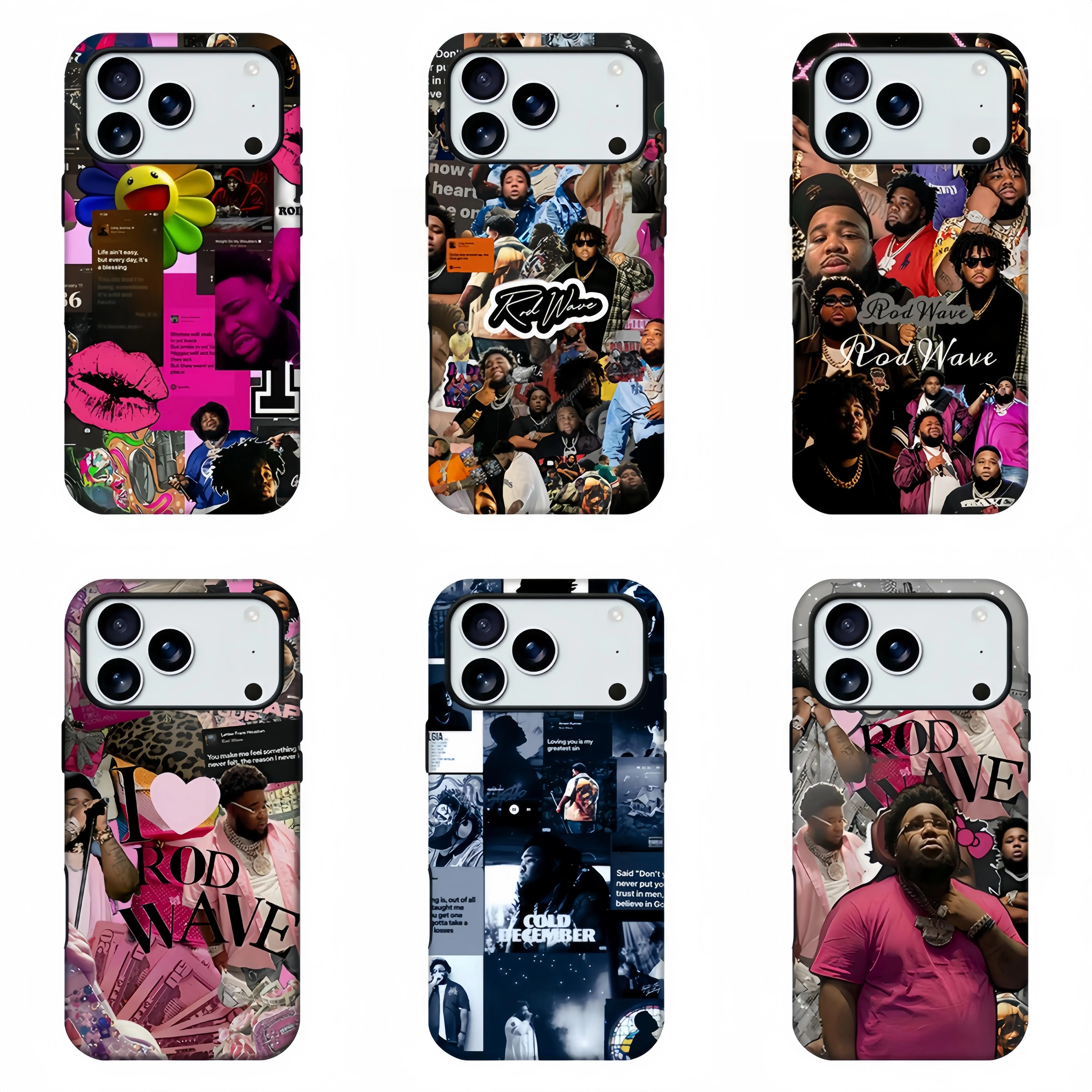 Rod Wave Collage Protective Smartphone Case, Hip Hop Rapper Photo Scrapbook Print, Pink Aesthetic Street Art Cellphone Accessory for iPhone 11-17 Pro Max & Galaxy S21-S26 Handheld Devices, Ideal for Fans