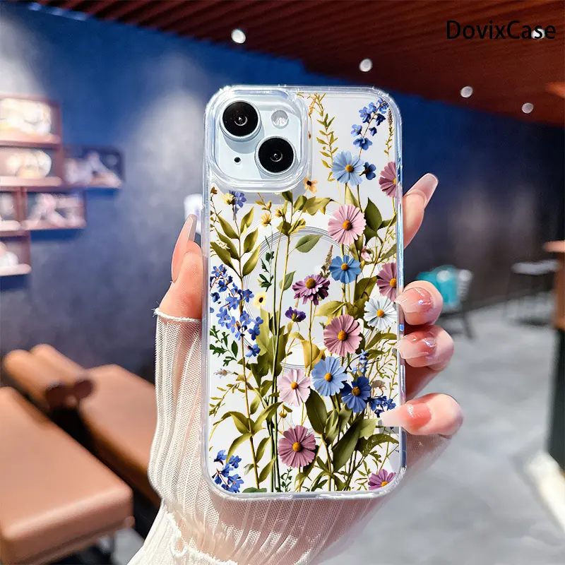 Phone Case - Vibrant Blooming Wildflowers with Lush Green Leaves Transparent Acrylic Magnetic HD Clear Shockproof Printed Phone Case for iPhone 17 E Air Pro ProMax iPhone16 15 14 Plus 13 12 11 X XS XR Series Full Models Great Gift