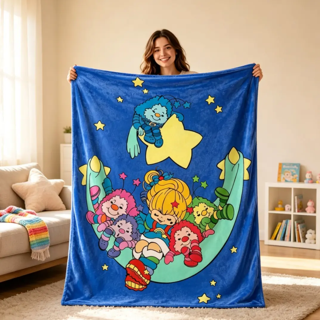 Rainbow Brite Vintage Cartoon Polyester Flannel Blanket, Star Moon Print Soft Warm Cozy Nap Blanket, Lightweight Fleece Throw Blanket Multi-Use for Sofa Bed Office Camping Travel Home Decor, Christmas Gift for Adults Kids Fans