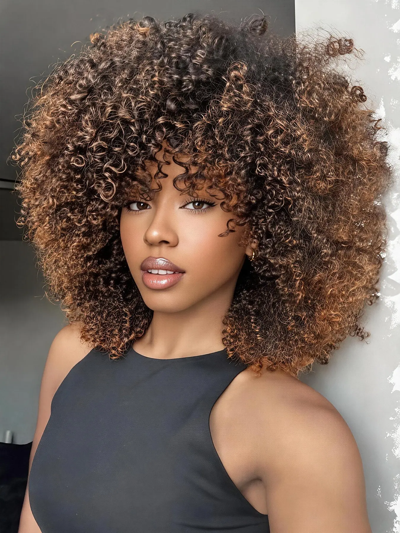 Short Curly Afro Wigs with Bangs for Black Women, Brown Afro Kinky Curly Wigs for Black Women Synthetic Heat Resistant Fluffy Brown Wigs