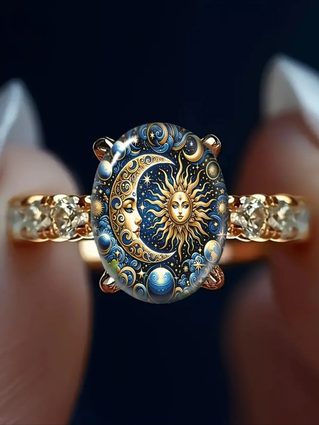 Vintage Sun Moon Celestial Oval Ring Golden Tone Cubic Zirconia Inlaid Star Galaxy Mystic Statement Deluxe CZ Ring Boho Party Jewelry Gift for Women