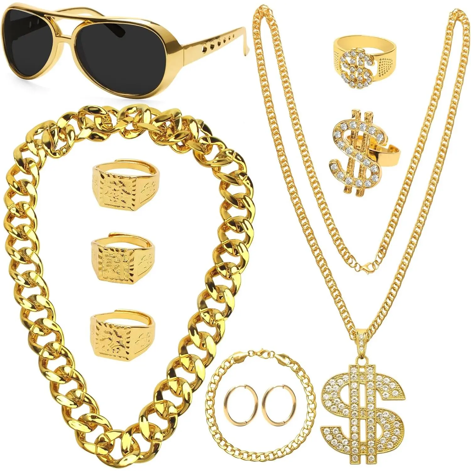 11 count 80s 90s  Hop Costumes Outfit Kit with   Chains |   Chains, Dollar Pendant Necklace, Sunglasses, Dollar Sign Finger Rings, Earrings & Bracelet