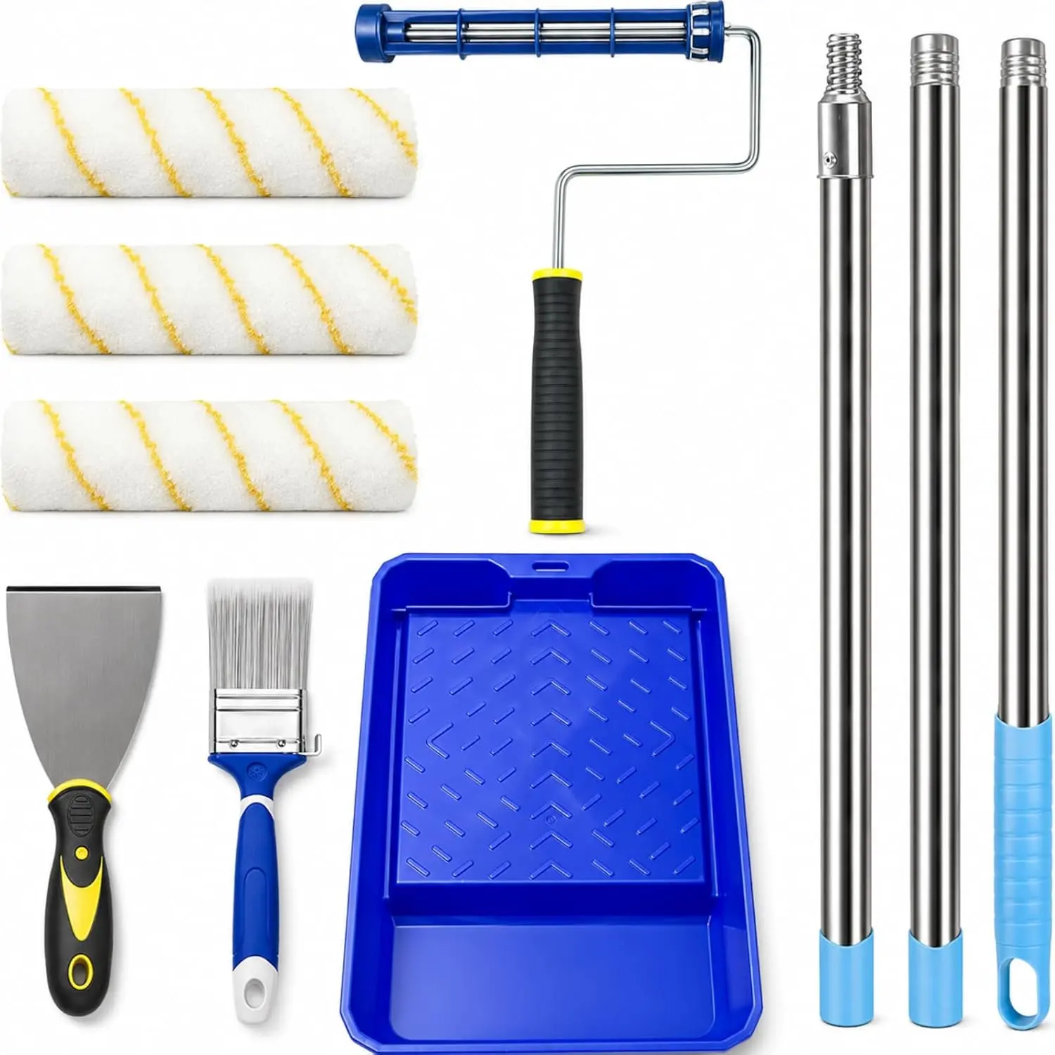 Roller Kit with 4 ft Extension Pole, 8- DIY Painting Tool Set with 9" Smooth Rolling Frame, 3 Low-Lint Microfiber Covers, 11" Tray, Brush & Putty  for Walls, Ceilings & Trim