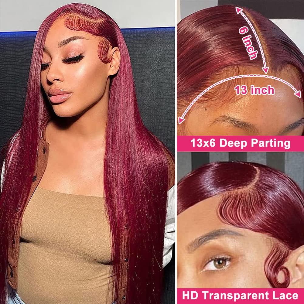 Bling Hair 99J Burgundy Lace Front Wigs Straight 13x6 13x4 HD Transparent Lace Frontal Wigs Human Hair 180% Density Pre Plucked With Baby Hair 99J Body Wave Colored Lace Front Hair Wigs For Women