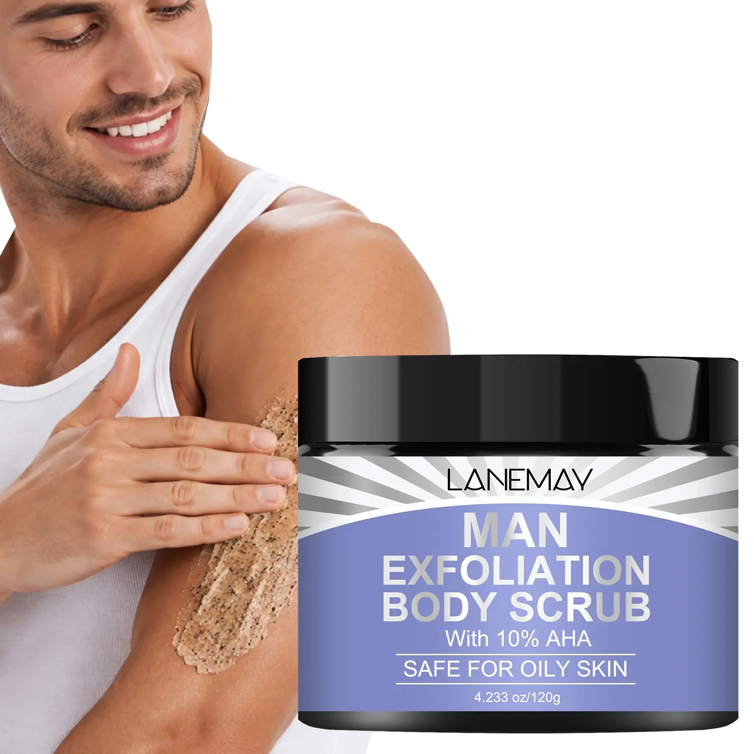 120g 10% AHA Men Exfoliation Body Scrub with Apricot Seed Powder, Jojoba Ester, Hyaluronic Acid - Physical Exfoliation, Deeply Cleanses Pores, Moisturizing & Smoothing - For Oily Skin, Body Scrub Care