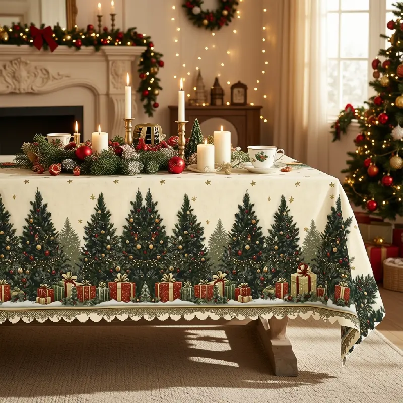 Polyester Christmas Pine Tree & Wrapped Gifts Printed Tablecloth - Oval, Round, Washable Holiday Dining Party Decoration for Festive Home Supplies (Clearance Sale)