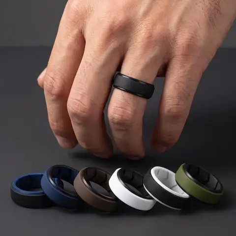 7 Pack Mens Black Rubber Wedding Bands, 8mm Thickness Rings Hypoallergenic Breathable Men's Silicone Ring for Him, Multi Color Active Sport Fitness US Size 7-15, Ring Set