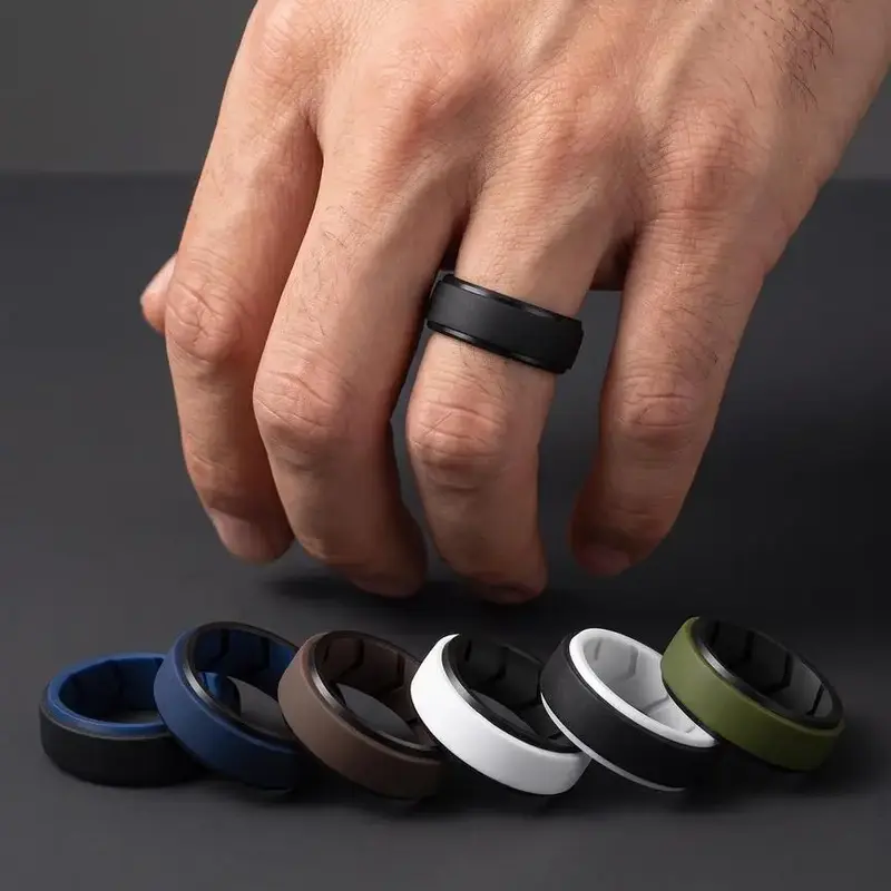 7 Pack Mens Black Rubber Wedding Bands, 8mm Thickness Rings Hypoallergenic Breathable Men's Silicone Ring for Him, Multi Color Active Sport Fitness US Size 7-15, Ring Set