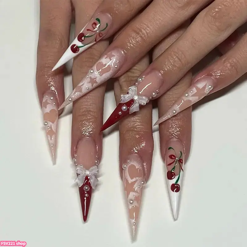 24Pcs Ultra-Long Stiletto Cherry French Press-On Nails, 3D Pink Bow & Star Heart Embellished Fake Nails, Reusable Glossy Manicure for Women, Perfect Statement Set for Raves, Parties & Valentine's Day