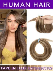 20pcs Real Hair Tape-In Extensions, Straight Hair, Clip-In/buckle, Natural Look, Easy to Wear, Damage-Free Removal, Suitable for Women