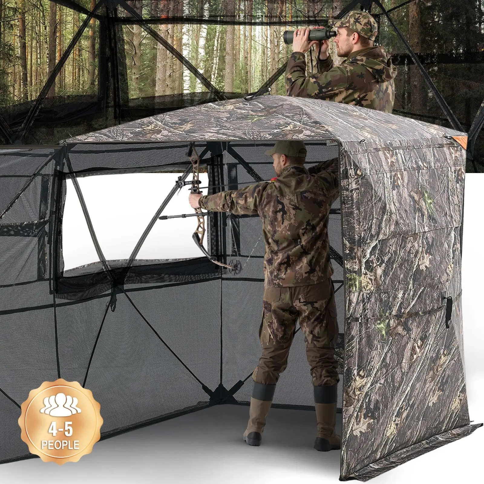 VEVOR See-Through Mesh Ground Blind, 4-5 Person Camouflage Fabric Shelter with Carry Bag, 360-Degree View, Silent Zipper Door/Window, Ground Level Portable Setup for Turkey Hunting