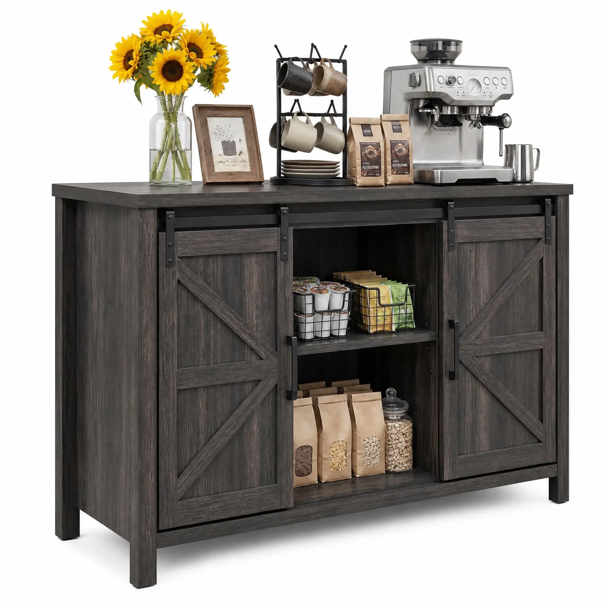 59" Farmhouse Sliding Barn Door Buffet Cabinet Rustic Wood Sideboard Credenza Adjustable Shelf Coffee Bar