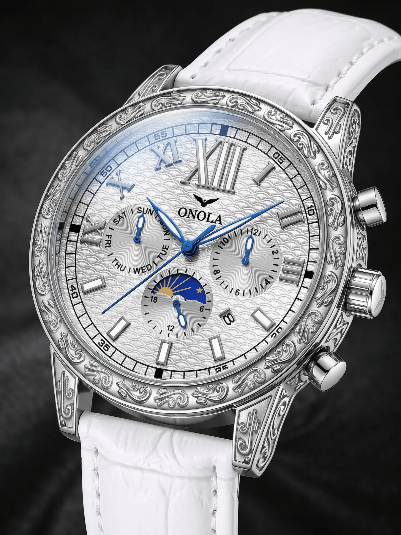 ONOLA Brand Mechanical Watch, Men Automatic Mechanical Wrist Watch Watch Round Engraved Moon Phase Calendar 30M Waterproof Business Luxury Male Wristwatch Vintage Trendy Daily Gift Watch For Men, Luminous Analog Watch