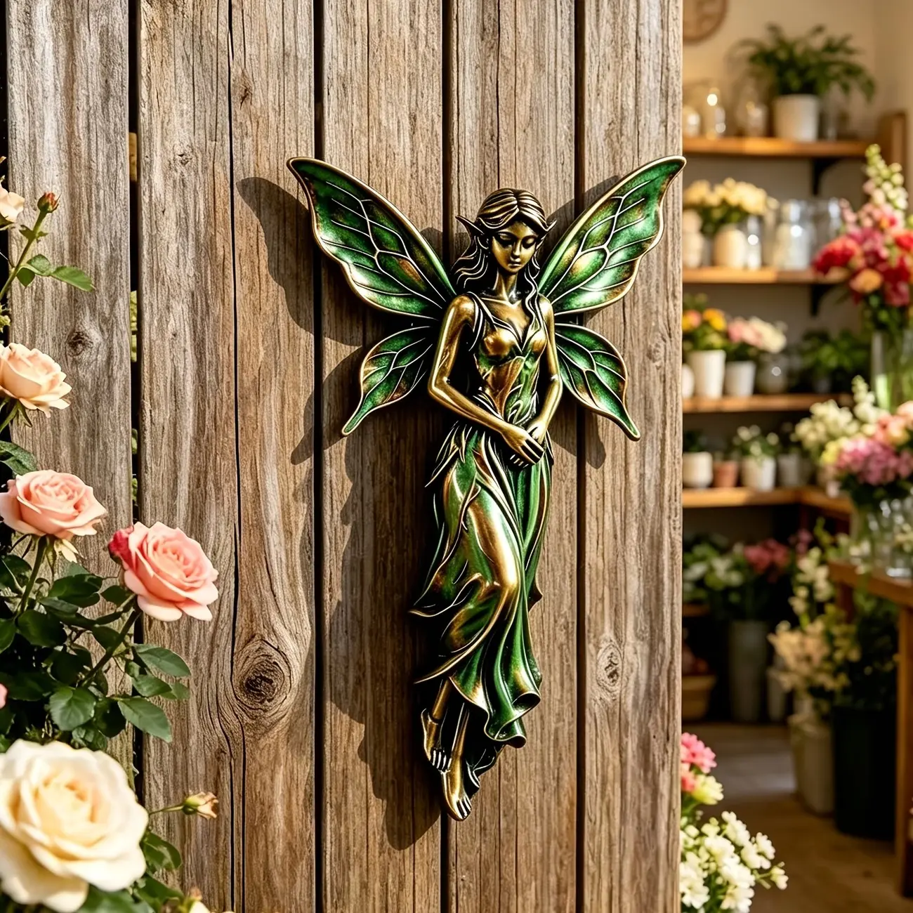 Resin Fairy Pendant, Vintage Bronze Gradient, Emerald Veins Wings, Easy Install Hook, Enhance Garden, Patio, Artistic Home Decor, Magical