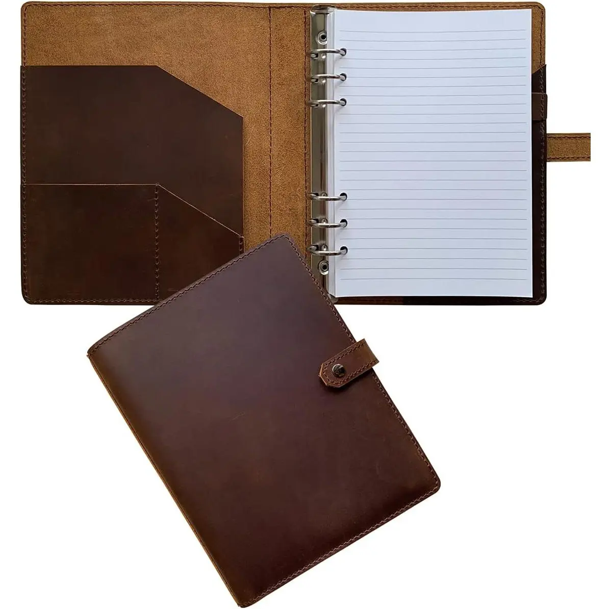 Refillable Leather Journal with Lined Paper, A5 6-Ring Binder, 100 Sheets, Dark Brown