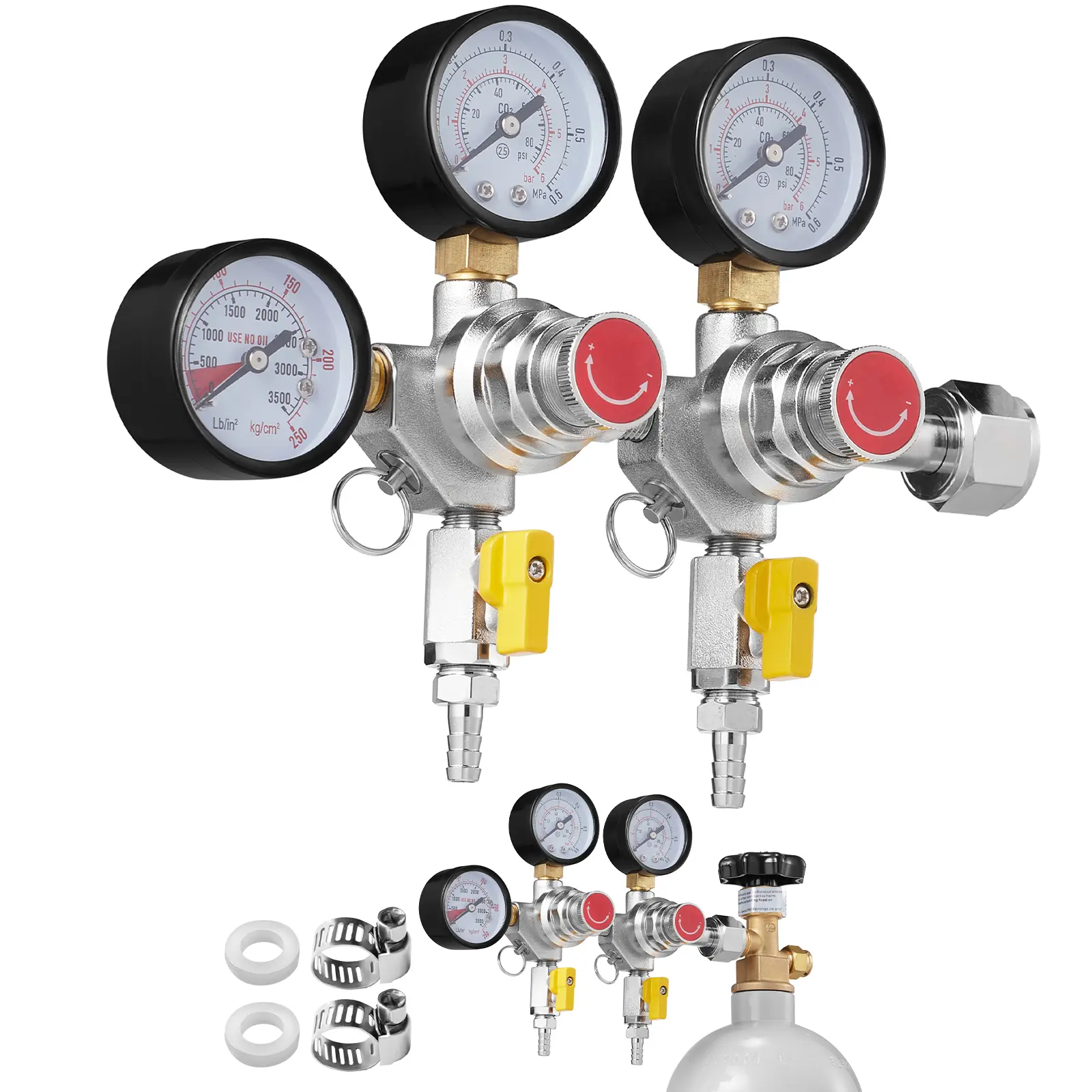 Triple Gauge Regulator, Heavy Duty Co2 Gauge Gas System, 3500 PSI Maximum Pressure, Dual Gas Meters, Backflow Prevention