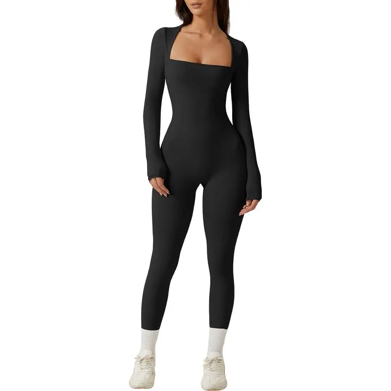 Women’s Square Neck Long Sleeve Jumpsuit, Full Length Bodycon Stretch One Piece Outfit, Slim Fit Leggings Unitard for Going Out, Party, Workout, Lounge & Fall Winter Outfits