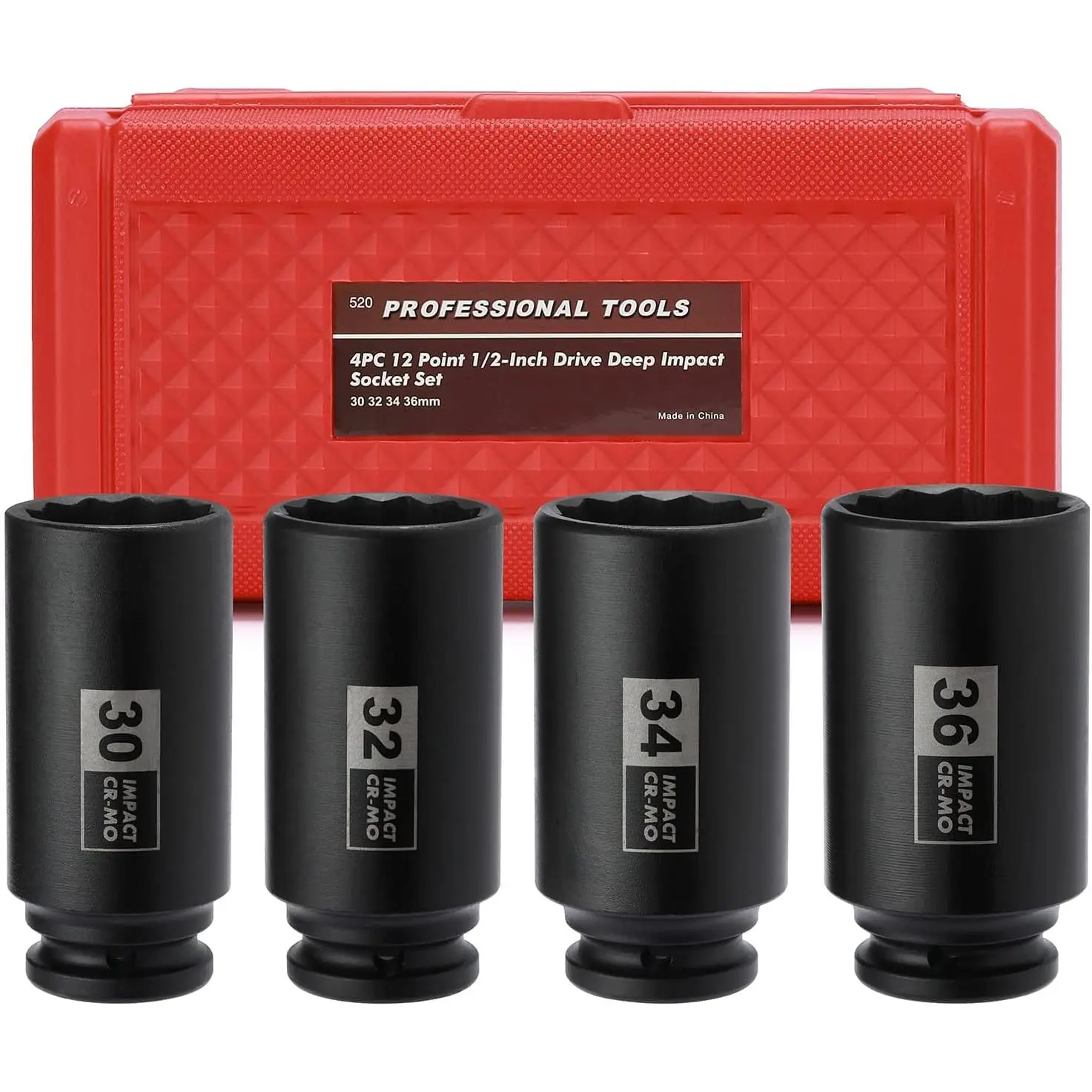 4 count 1/2" Drive Deep Axle Nut  Socket Set, CR-MO, 12 Point Design, Metric, 30,32,34,36mm, 1/2 Inch Extra Deep  Socket