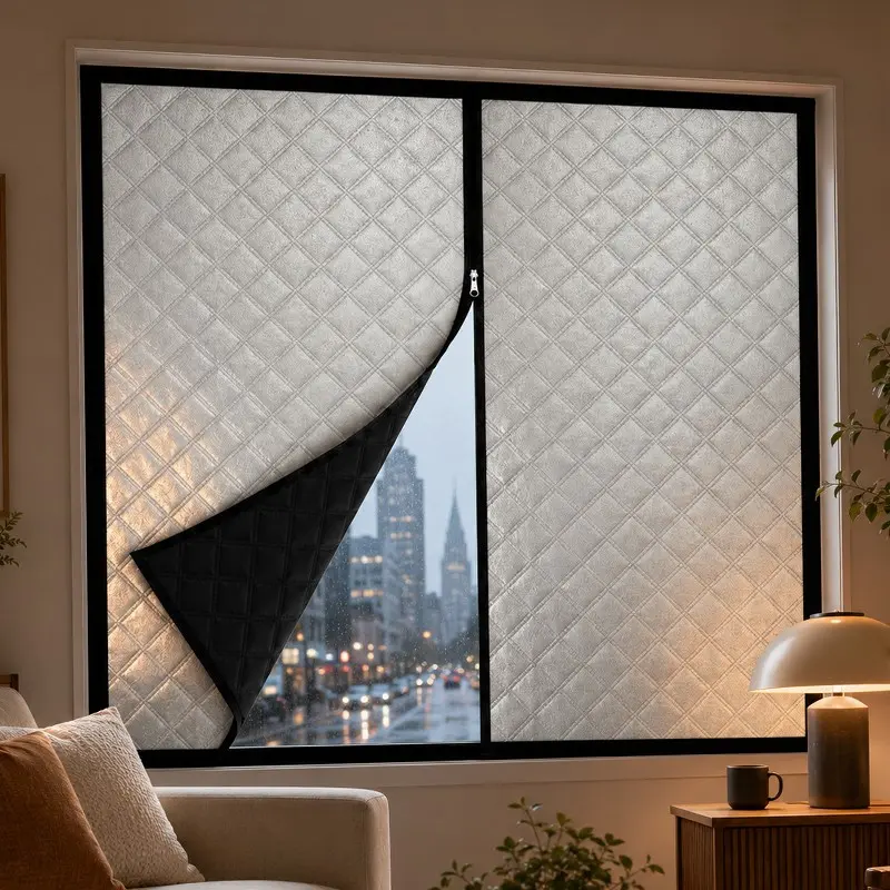 Thickened Thermal Window Curtain with Zipper Opening, Self-Adhesive No-Drill Draft-Blocking Blackout Insulated Window Cover for Bedrooms, Living Rooms and Balconies