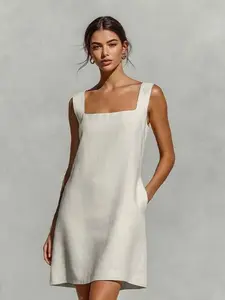 Women's Square Neck Sleeveless Backless Dress, Casual Solid Color Loose Straight Short Dress with Pockets, Comfortable and Stylish