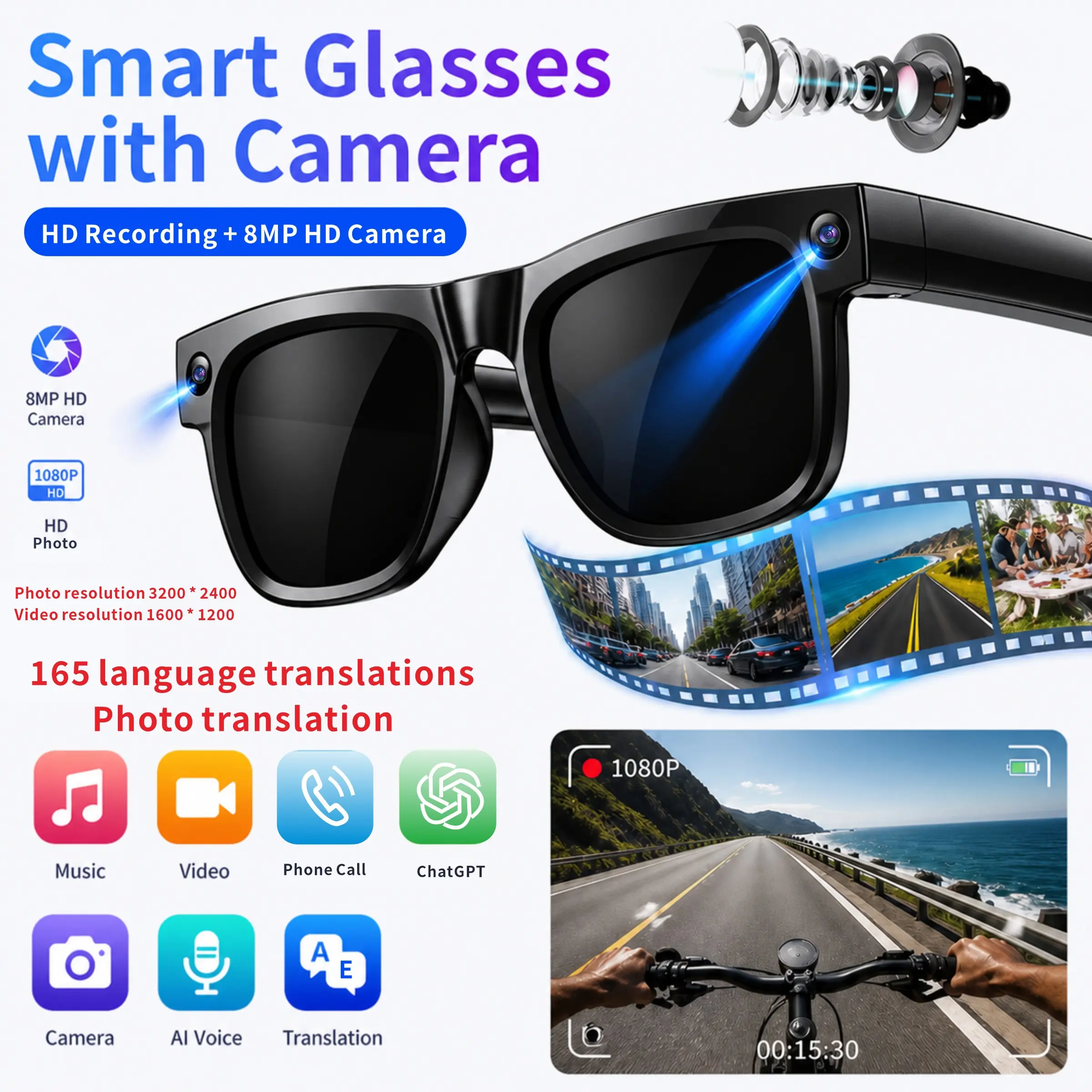SENBONO artificial intelligence camera smart glasses, hands-free calling/music/translation, 800W high-definition video recording, AI function/UV protection - suitable for travel video recording, outdoor lightweight hands-free glasses