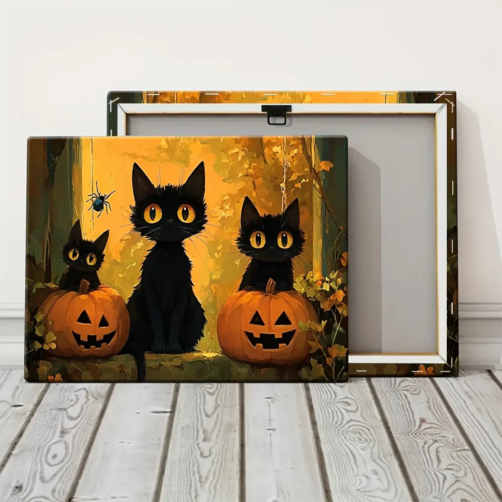 Halloween Black Cat & Pumpkin Canvas Art - Inspired Wall Decor with Spooky Autumn Scene, Wrapped Canvas Frame for Home, Bedroom, or Office, Halloween Decorations