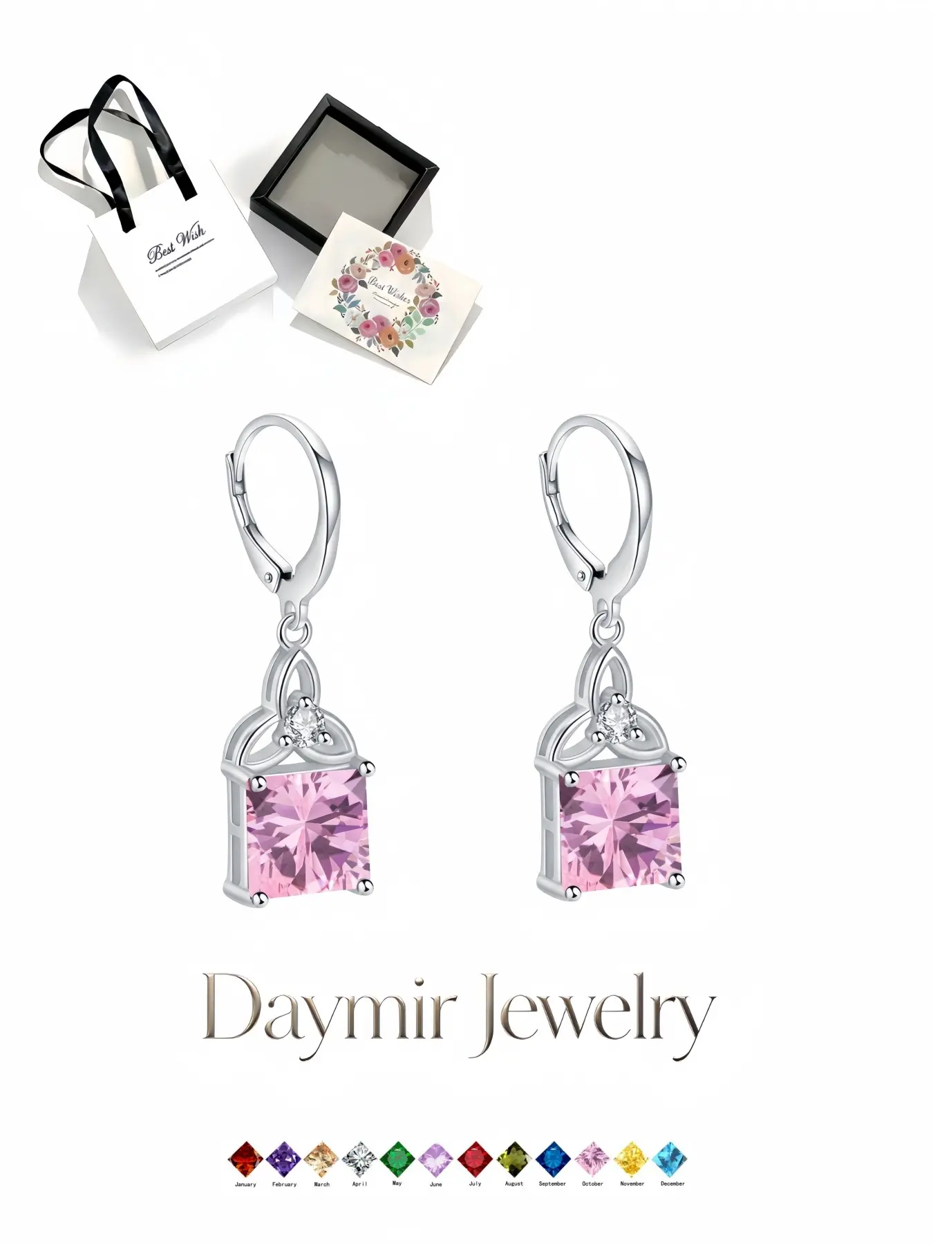 Eternal Square Crystal Earrings, classy Celtic sugar birthstone hoops with 12 zircon colors for women. Comes with fine drawer jewelry box, great gifts for birthdays, Mother’s Day, Valentine’s Day, Christmas and anniversaries.