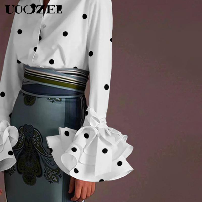UOOZEE Women's Autumn Fashion Polka-Dot Lapel Blouses, Flared Sleeves Falbala Polka-Dot Lapel Collar Shirts Tops, Elegant White Chic Button Front Ruffle Collared