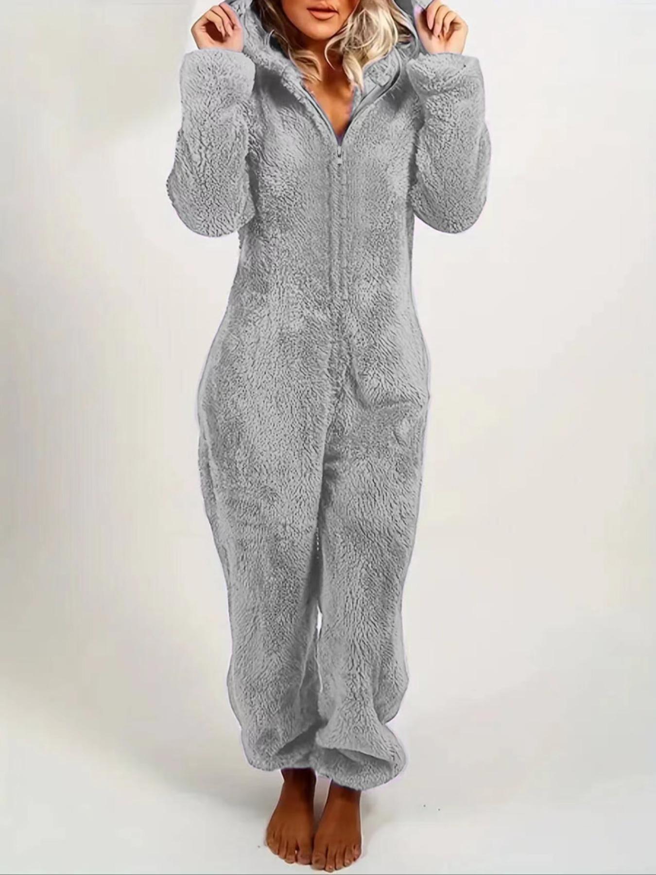 Women's Solid Zipper Hooded Plush Pajama Jumpsuit, Casual Long Sleeve Teddy Bear Ear Design Jumpsuit for Fall & Winter, Women's Sleepwear for Indoor Wear, Fluffy Lady Pajamas, Loungewear